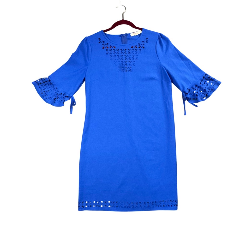 Aryeh Design Royal Blue Eyelet Shift Dress Laser Cut Bell Sleeve‎ Indie M